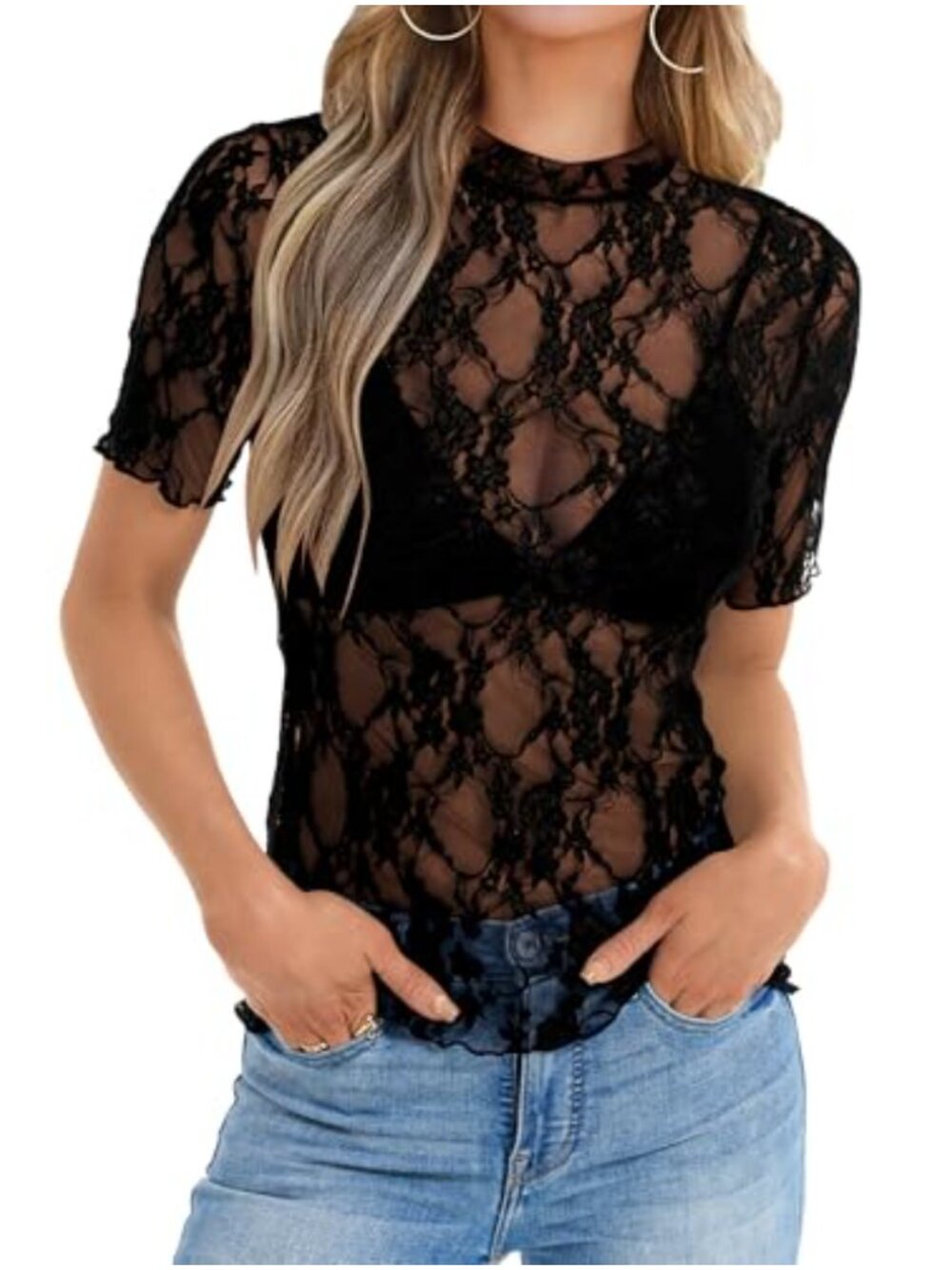 Sheer Lace Mock Neck Short Sleeve Blouse Women's Mesh Form Fitting Tee
